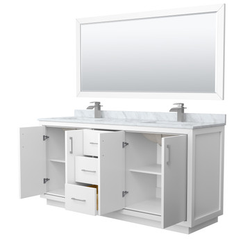 Icon 72 Inch Double Bathroom Vanity In White, White Carrara Marble Countertop, Undermount Square Sinks, Brushed Nickel Trim, 70 Inch Mirror