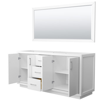 Icon 72 Inch Double Bathroom Vanity In White, No Countertop, No Sink, Brushed Nickel Trim, 70 Inch Mirror