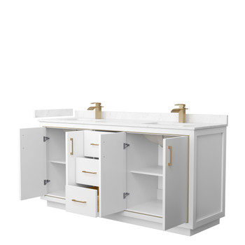Icon 72 Inch Double Bathroom Vanity In White, Carrara Cultured Marble Countertop, Undermount Square Sinks, Satin Bronze Trim