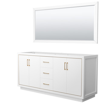 Icon 72 Inch Double Bathroom Vanity In White, No Countertop, No Sink, Satin Bronze Trim, 70 Inch Mirror