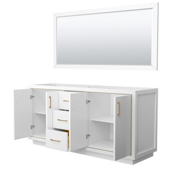 Icon 72 Inch Double Bathroom Vanity In White, No Countertop, No Sink, Satin Bronze Trim, 70 Inch Mirror