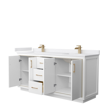 Icon 72 Inch Double Bathroom Vanity In White, White Cultured Marble Countertop, Undermount Square Sinks, Satin Bronze Trim