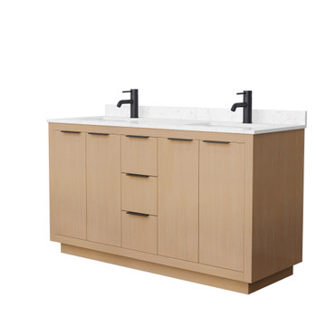 Maroni 60 Inch Double Bathroom Vanity In Light Straw, Carrara Cultured Marble Countertop, Undermount Square Sinks, Matte Black Trim