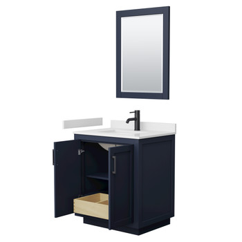Miranda 30 Inch Single Bathroom Vanity In Dark Blue, White Cultured Marble Countertop, Undermount Square Sink, Matte Black Trim, 24 Inch Mirror