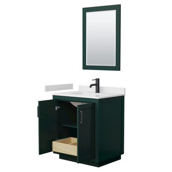 Miranda 30 Inch Single Bathroom Vanity In Green, White Cultured Marble Countertop, Undermount Square Sink, Matte Black Trim, 24 Inch Mirror