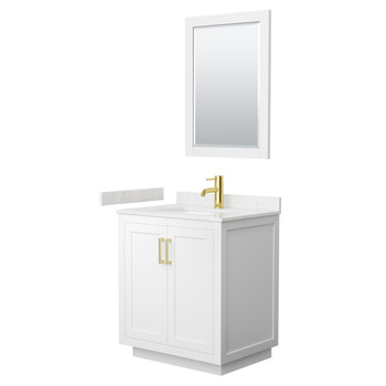 Miranda 30 Inch Single Bathroom Vanity In White, Carrara Cultured Marble Countertop, Undermount Square Sink, Brushed Gold Trim, 24 Inch Mirror