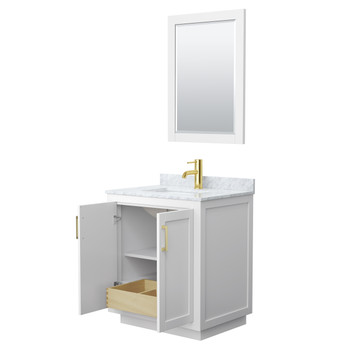 Miranda 30 Inch Single Bathroom Vanity In White, White Carrara Marble Countertop, Undermount Square Sink, Brushed Gold Trim, 24 Inch Mirror