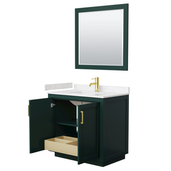 Miranda 36 Inch Single Bathroom Vanity In Green, Carrara Cultured Marble Countertop, Undermount Square Sink, Brushed Gold Trim, 34 Inch Mirror
