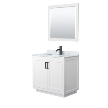 Miranda 36 Inch Single Bathroom Vanity In White, White Carrara Marble Countertop, Undermount Square Sink, Matte Black Trim, 34 Inch Mirror