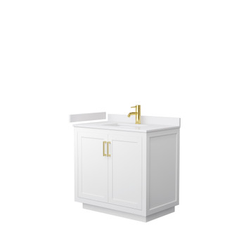 Miranda 36 Inch Single Bathroom Vanity In White, White Cultured Marble Countertop, Undermount Square Sink, Brushed Gold Trim