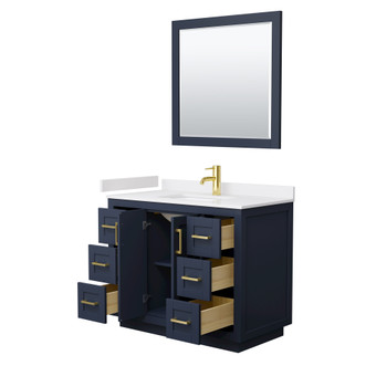 Miranda 42 Inch Single Bathroom Vanity In Dark Blue, White Cultured Marble Countertop, Undermount Square Sink, Brushed Gold Trim, 34 Inch Mirror