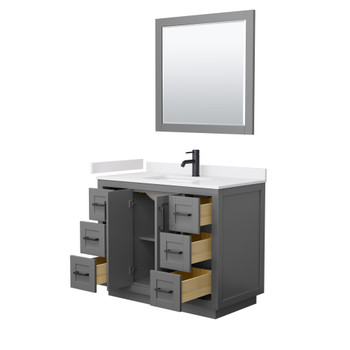 Miranda 42 Inch Single Bathroom Vanity In Dark Gray, White Cultured Marble Countertop, Undermount Square Sink, Matte Black Trim, 34 Inch Mirror