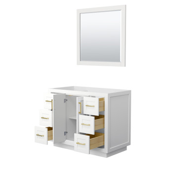 Miranda 42 Inch Single Bathroom Vanity In White, No Countertop, No Sink, Brushed Gold Trim, 34 Inch Mirror