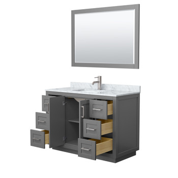 Miranda 48 Inch Single Bathroom Vanity In Dark Gray, White Carrara Marble Countertop, Undermount Square Sink, Brushed Nickel Trim, 46 Inch Mirror