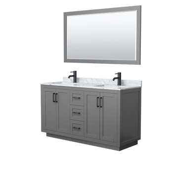 Miranda 60 Inch Double Bathroom Vanity In Dark Gray, White Carrara Marble Countertop, Undermount Square Sinks, Matte Black Trim, 58 Inch Mirror