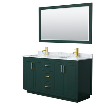 Miranda 60 Inch Double Bathroom Vanity In Green, White Carrara Marble Countertop, Undermount Square Sinks, Brushed Gold Trim, 58 Inch Mirror