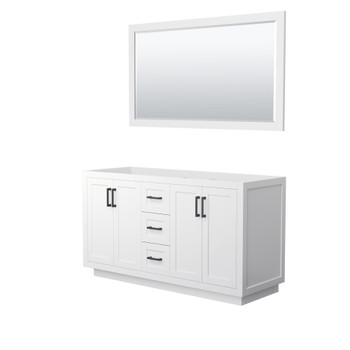 Miranda 60 Inch Double Bathroom Vanity In White, No Countertop, No Sink, Matte Black Trim, 58 Inch Mirror