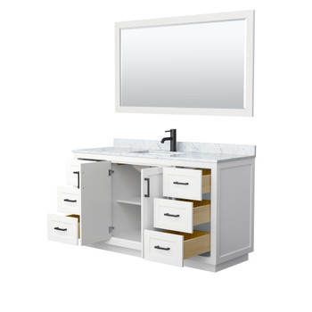 Miranda 60 Inch Single Bathroom Vanity In White, White Carrara Marble Countertop, Undermount Square Sink, Matte Black Trim, 58 Inch Mirror