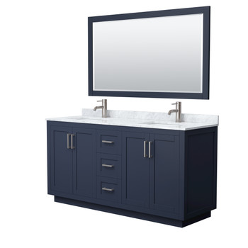 Miranda 66 Inch Double Bathroom Vanity In Dark Blue, White Carrara Marble Countertop, Undermount Square Sinks, Brushed Nickel Trim, 58 Inch Mirror