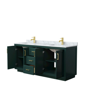 Miranda 72 Inch Double Bathroom Vanity In Green, White Carrara Marble Countertop, Undermount Square Sinks, Brushed Gold Trim