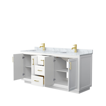 Miranda 72 Inch Double Bathroom Vanity In White, White Carrara Marble Countertop, Undermount Square Sinks, Brushed Gold Trim