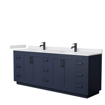 Miranda 84 Inch Double Bathroom Vanity In Dark Blue, White Cultured Marble Countertop, Undermount Square Sinks, Matte Black Trim