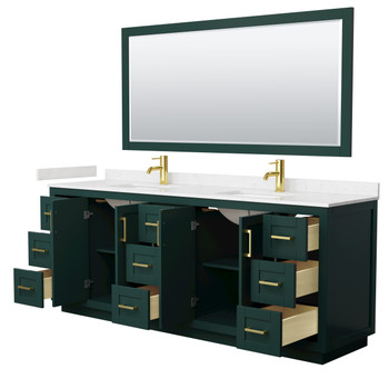 Miranda 84 Inch Double Bathroom Vanity In Green, Carrara Cultured Marble Countertop, Undermount Square Sinks, Brushed Gold Trim, 70 Inch Mirror