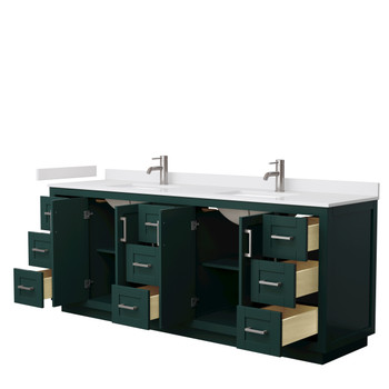 Miranda 84 Inch Double Bathroom Vanity In Green, White Cultured Marble Countertop, Undermount Square Sinks, Brushed Nickel Trim