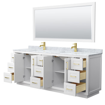Miranda 84 Inch Double Bathroom Vanity In White, White Carrara Marble Countertop, Undermount Square Sinks, Brushed Gold Trim, 70 Inch Mirror