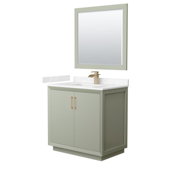 Strada 36 Inch Single Bathroom Vanity In Light Green, Carrara Cultured Marble Countertop, Undermount Square Sink, Satin Bronze Trim, 34 Inch Mirror