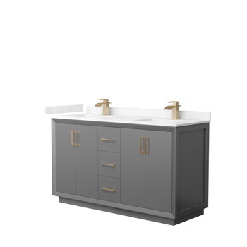 Strada 60 Inch Double Bathroom Vanity In Dark Gray, Carrara Cultured Marble Countertop, Undermount Square Sink, Satin Bronze Trim