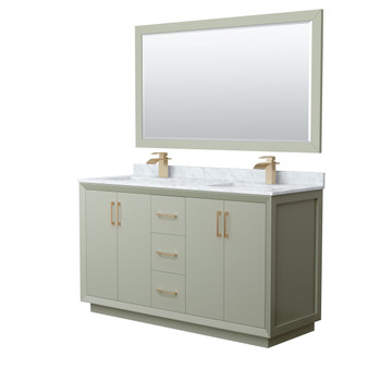 Strada 60 Inch Double Bathroom Vanity In Light Green, White Carrara Marble Countertop, Undermount Square Sinks, Satin Bronze Trim, 58 Inch Mirror