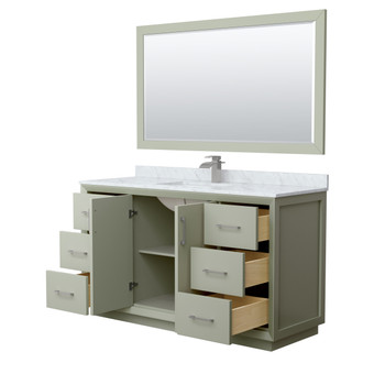 Strada 60 Inch Single Bathroom Vanity In Light Green, White Carrara Marble Countertop, Undermount Square Sink, Brushed Nickel Trim, 58 Inch Mirror