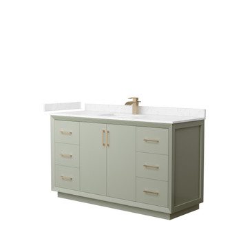 Strada 60 Inch Single Bathroom Vanity In Light Green, Carrara Cultured Marble Countertop, Undermount Square Sink, Satin Bronze Trim
