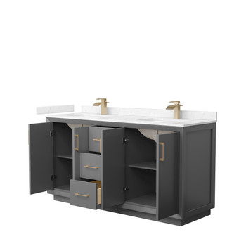 Strada 66 Inch Double Bathroom Vanity In Dark Gray, Carrara Cultured Marble Countertop, Undermount Square Sink, Satin Bronze Trim