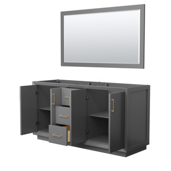 Strada 66 Inch Double Bathroom Vanity In Dark Gray, No Countertop, No Sink, Satin Bronze Trim, 58 Inch Mirror
