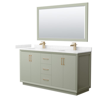 Strada 66 Inch Double Bathroom Vanity In Light Green, Carrara Cultured Marble Countertop, Undermount Square Sinks, Satin Bronze Trim, 58 Inch Mirror