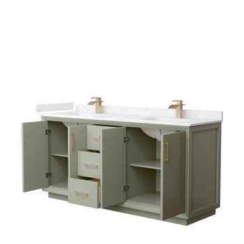 Strada 72 Inch Double Bathroom Vanity In Light Green, Carrara Cultured Marble Countertop, Undermount Square Sinks, Satin Bronze Trim
