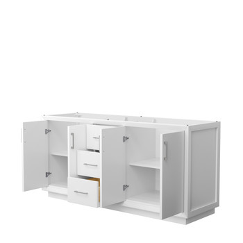 Strada 72 Inch Double Bathroom Vanity In White, No Countertop, No Sink, Brushed Nickel Trim