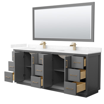 Strada 84 Inch Double Bathroom Vanity In Dark Gray, Carrara Cultured Marble Countertop, Undermount Square Sink, Satin Bronze Trim, 70 Inch Mirror