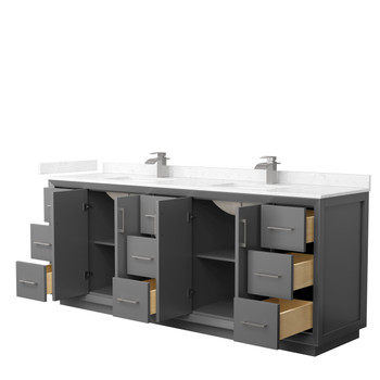 Strada 84 Inch Double Bathroom Vanity In Dark Gray, Carrara Cultured Marble Countertop, Undermount Square Sink, Brushed Nickel Trim