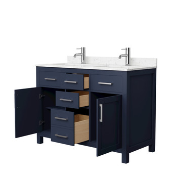 Beckett 48 Inch Double Bathroom Vanity In Dark Blue, Carrara Cultured Marble Countertop, Undermount Square Sinks, Brushed Nickel Trim