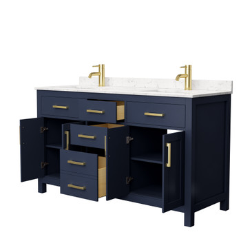 Beckett 60 Inch Double Bathroom Vanity In Dark Blue, Carrara Cultured Marble Countertop, Undermount Square Sinks, No Mirror