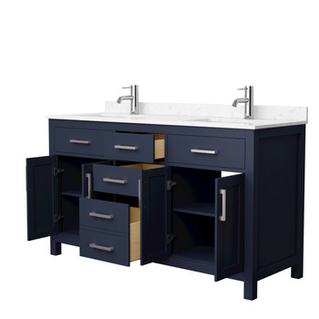 Beckett 60 Inch Double Bathroom Vanity In Dark Blue, Carrara Cultured Marble Countertop, Undermount Square Sinks, Brushed Nickel Trim