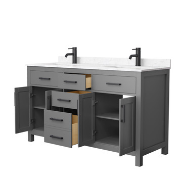 Beckett 60 Inch Double Bathroom Vanity In Dark Gray, Carrara Cultured Marble Countertop, Undermount Square Sinks, Matte Black Trim