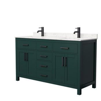 Beckett 60 Inch Double Bathroom Vanity In Green, Carrara Cultured Marble Countertop, Undermount Square Sinks, Matte Black Trim