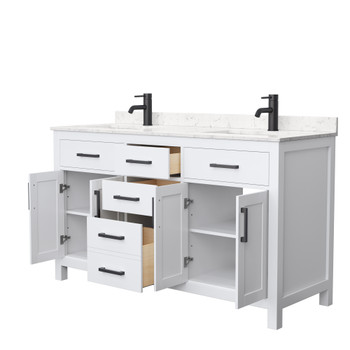 Beckett 60 Inch Double Bathroom Vanity In White, Carrara Cultured Marble Countertop, Undermount Square Sinks, Matte Black Trim