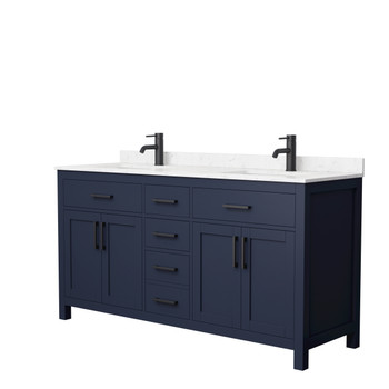 Beckett 66 Inch Double Bathroom Vanity In Dark Blue, Carrara Cultured Marble Countertop, Undermount Square Sinks, Matte Black Trim
