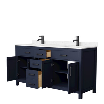 Beckett 66 Inch Double Bathroom Vanity In Dark Blue, Carrara Cultured Marble Countertop, Undermount Square Sinks, Matte Black Trim