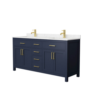Beckett 66 Inch Double Bathroom Vanity In Dark Blue, Carrara Cultured Marble Countertop, Undermount Square Sinks, No Mirror
